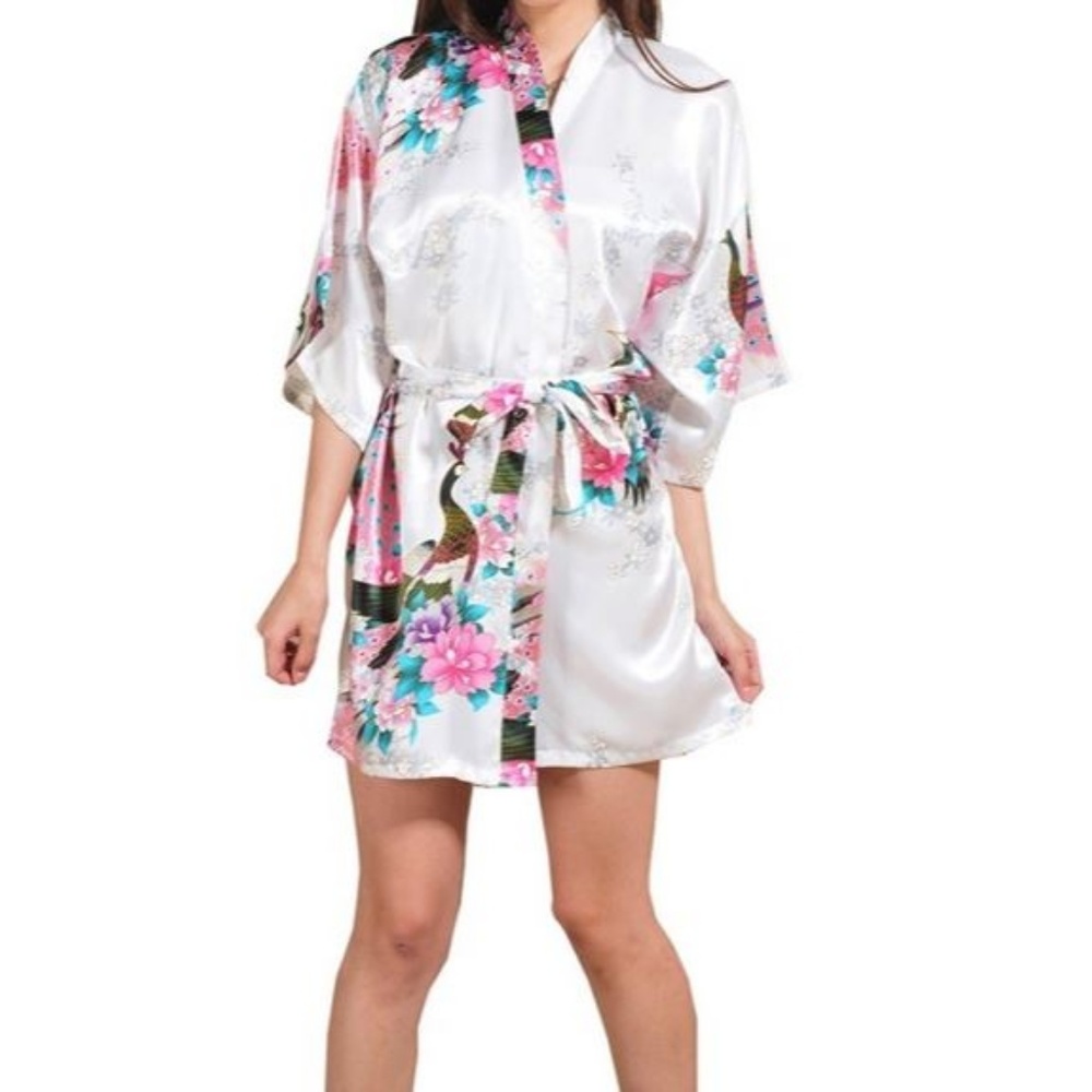 White Silk Satin Floral Kimono Robe